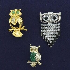 Vintage Owl Brooch Lot Rhinestone Figural Novelty Animal 3pc